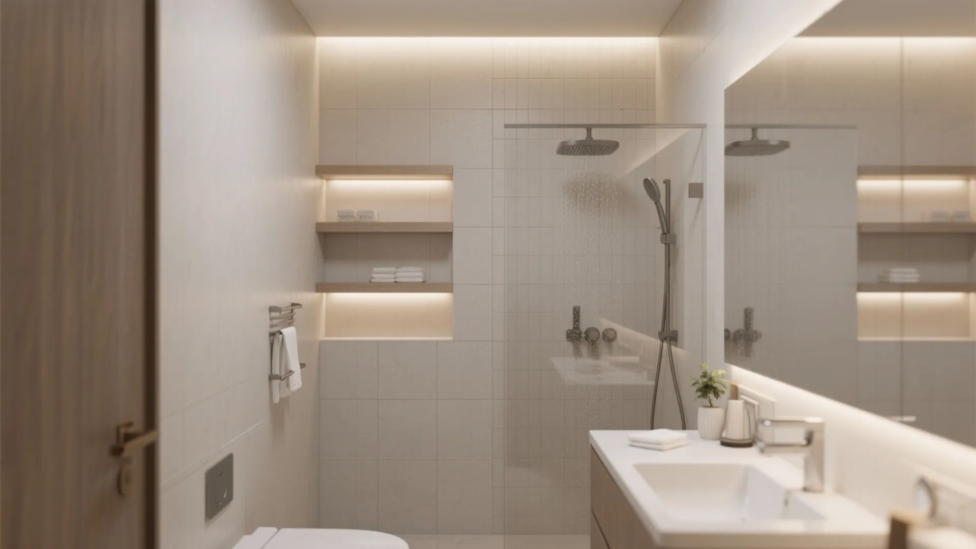 Modern bathroom showing glass shower doors and built-in wall shelves with warm glowing light strips