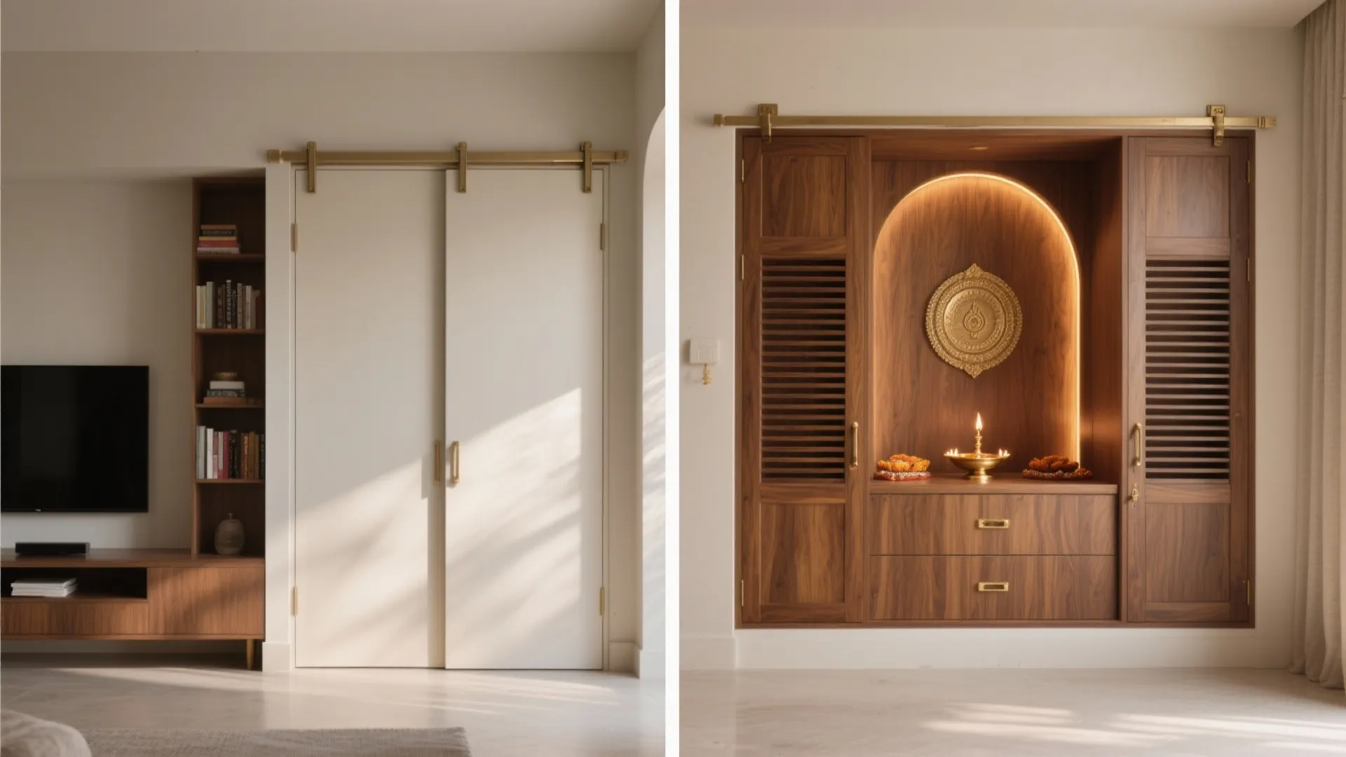 Before and after view of white sliding doors opening to reveal a wooden prayer cabinet