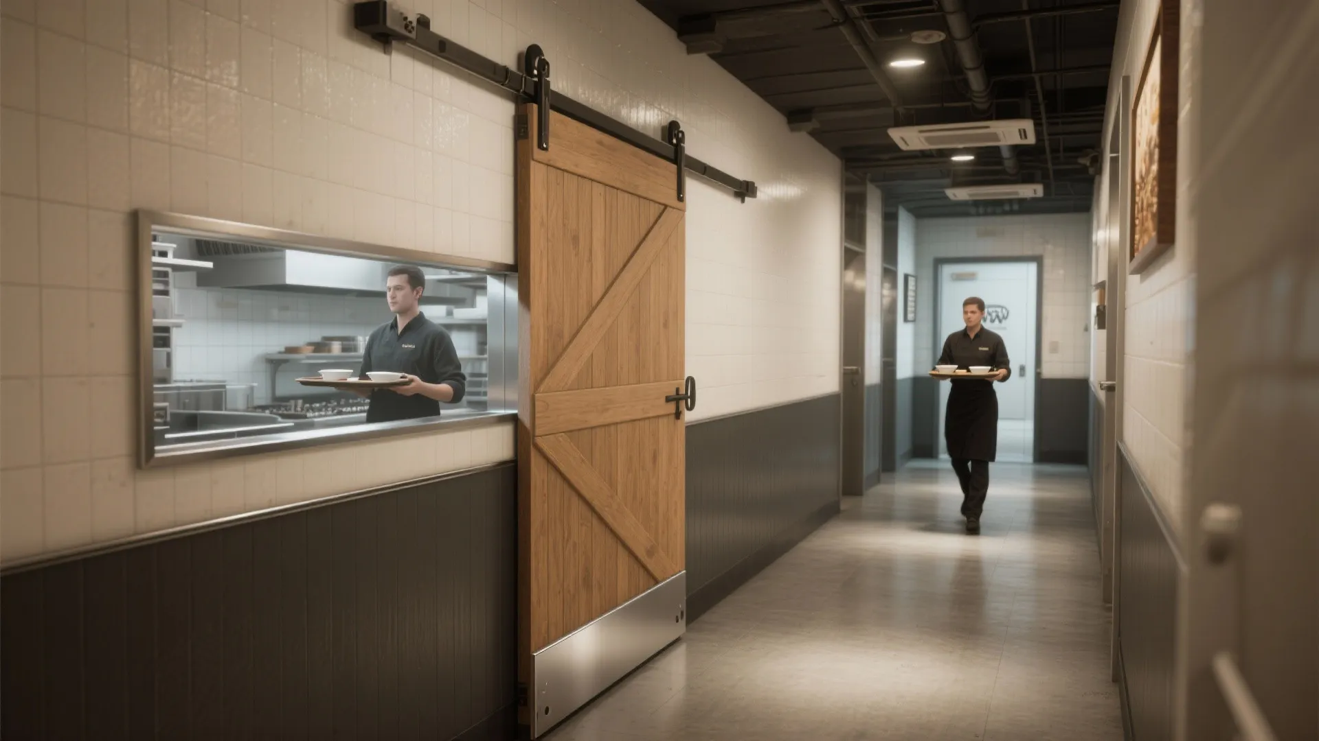 Recessed sliding barn door in a narrow restaurant corridor with wipeable surfaces and staff circulation.