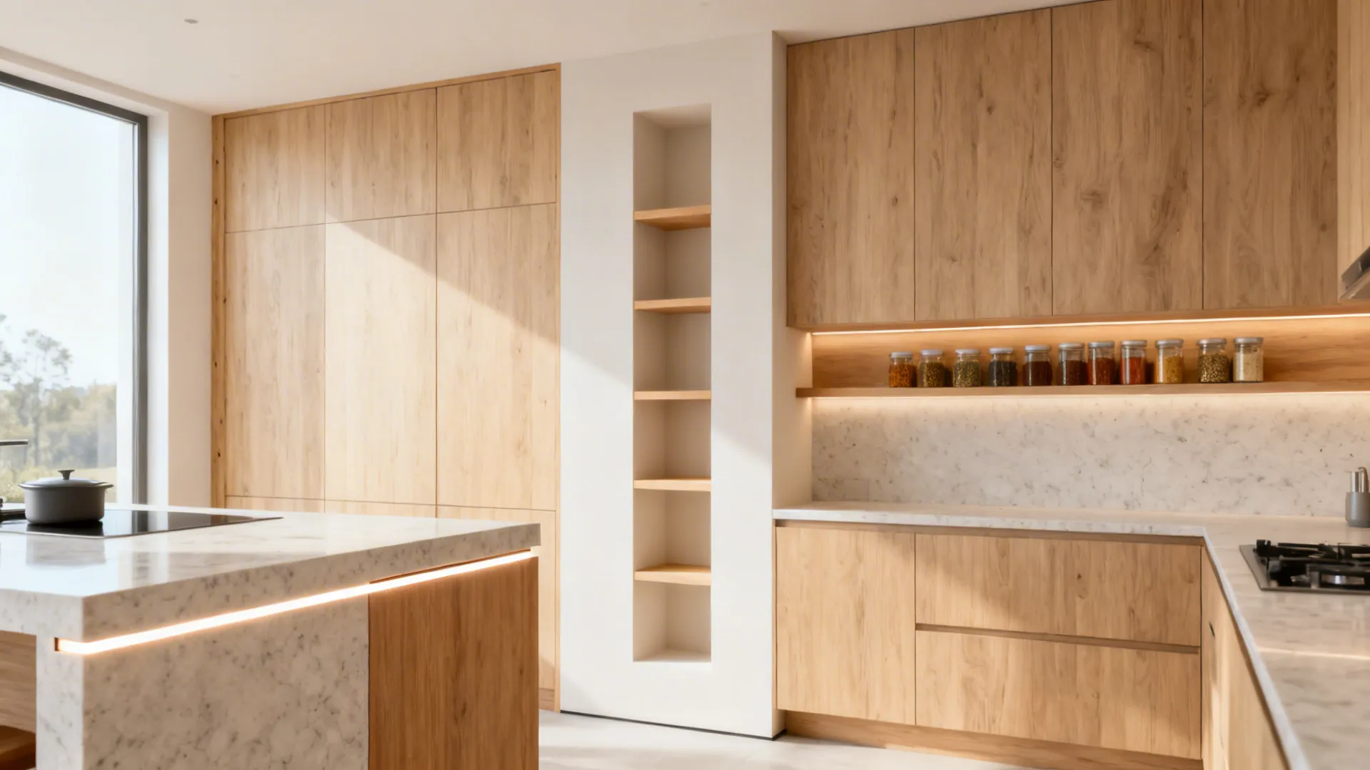 Modern kitchen with wooden cabinets marble countertops and a tall white wall shelf for storage