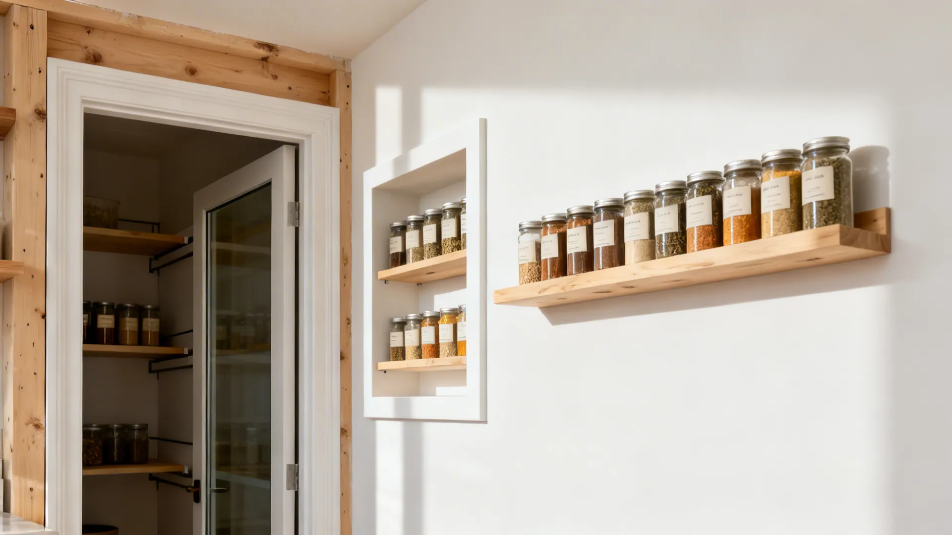 Recessed wall niche with adjustable shelves holding labeled spice jars.