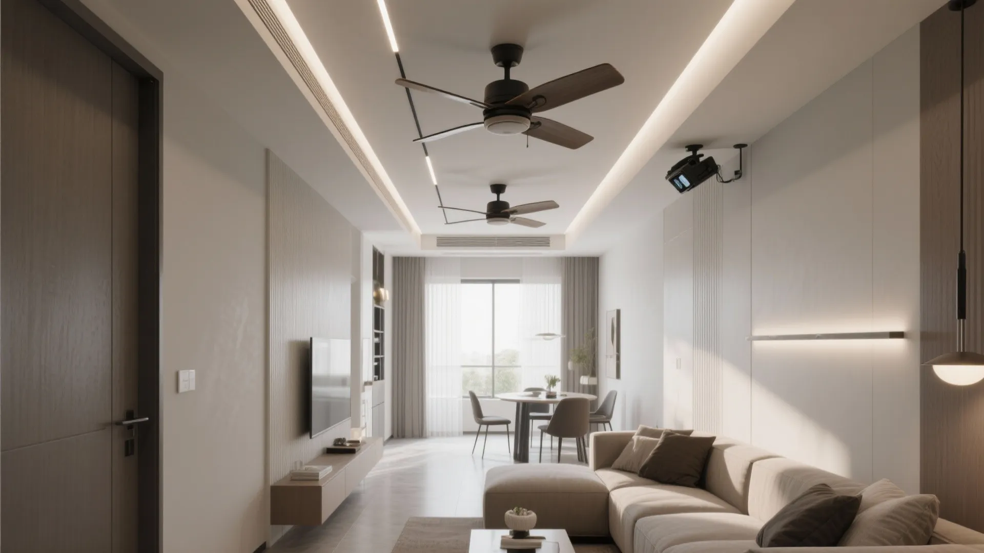 Modern living room with beige sofa wood ceiling fans long light fixtures and large glass windows