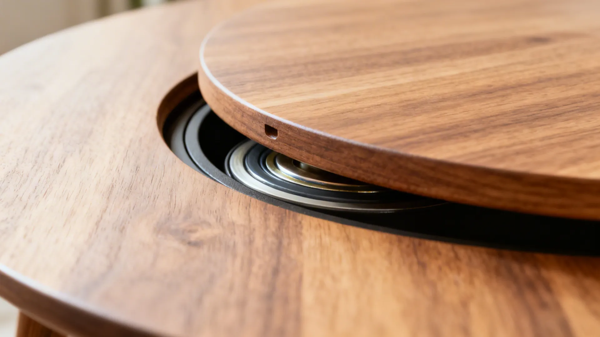 Close up wood table showing a lifted top panel with a metal rotating part inside it