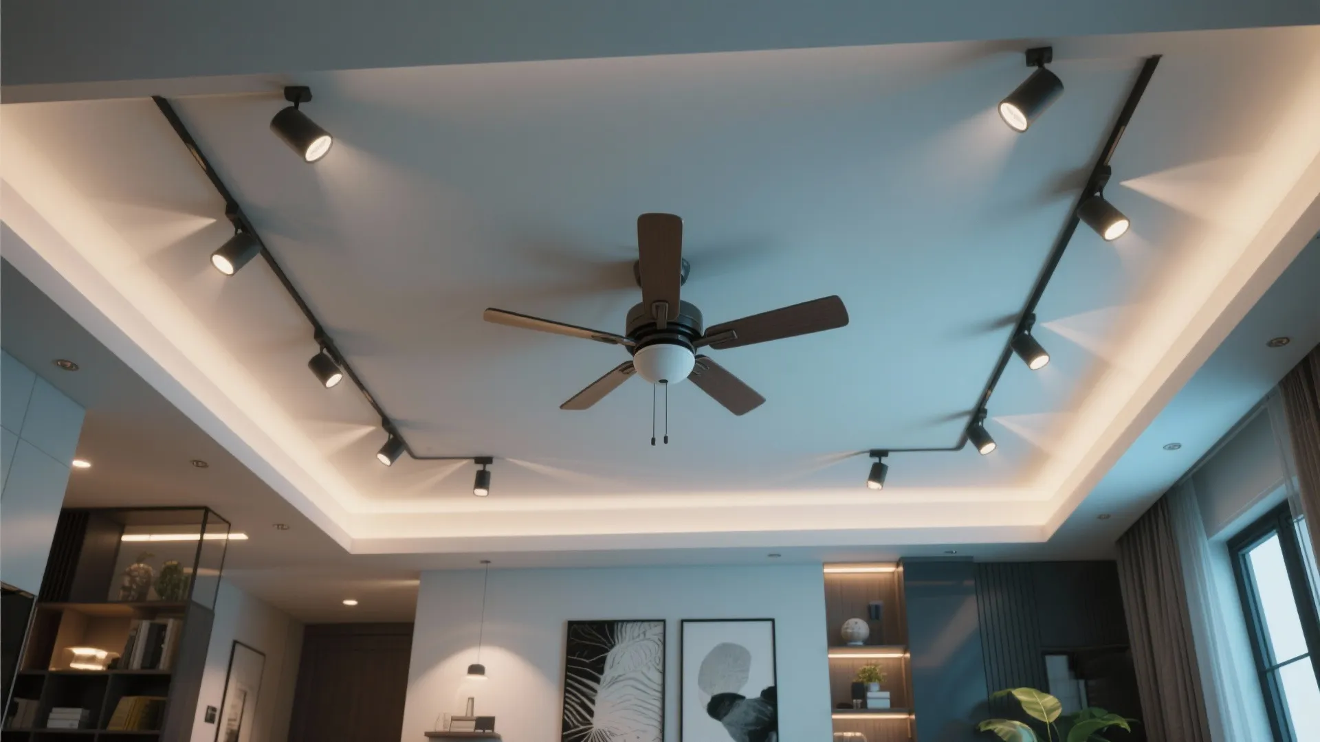Top-down view of a ceiling with central fan and surrounding recessed spotlights