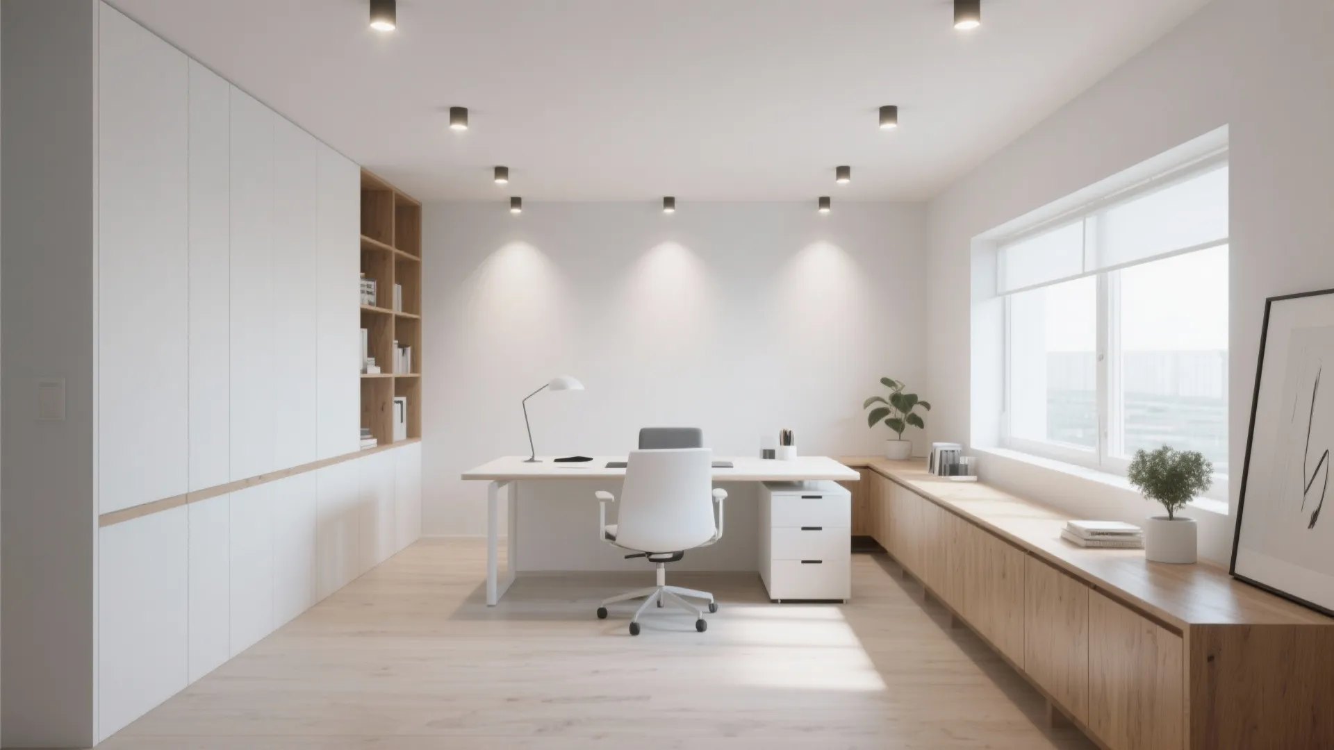 Minimalist workspace with recessed spotlights