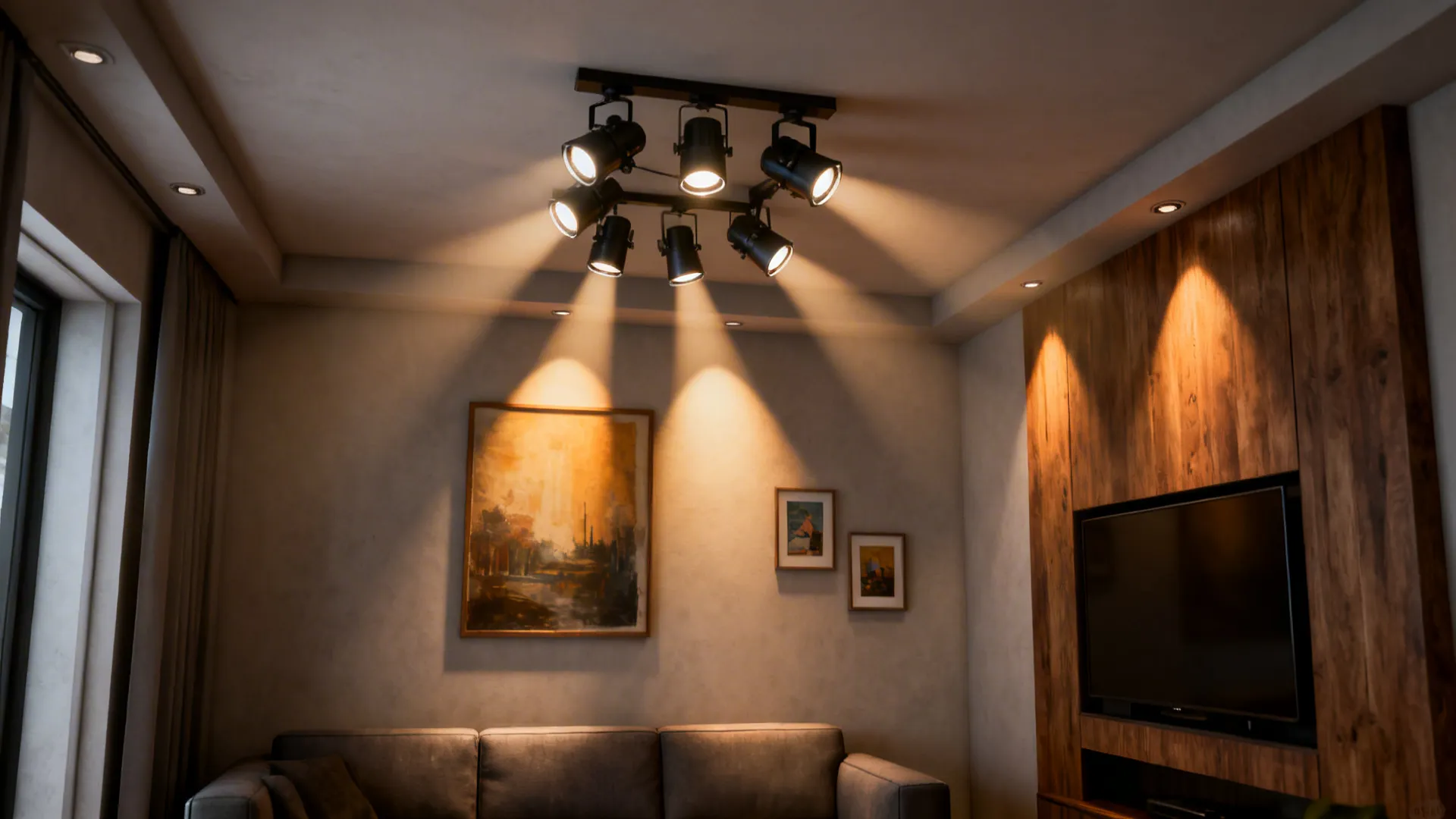 Cluster of recessed spotlights on the ceiling highlighting artwork and a media wall in a small living room.