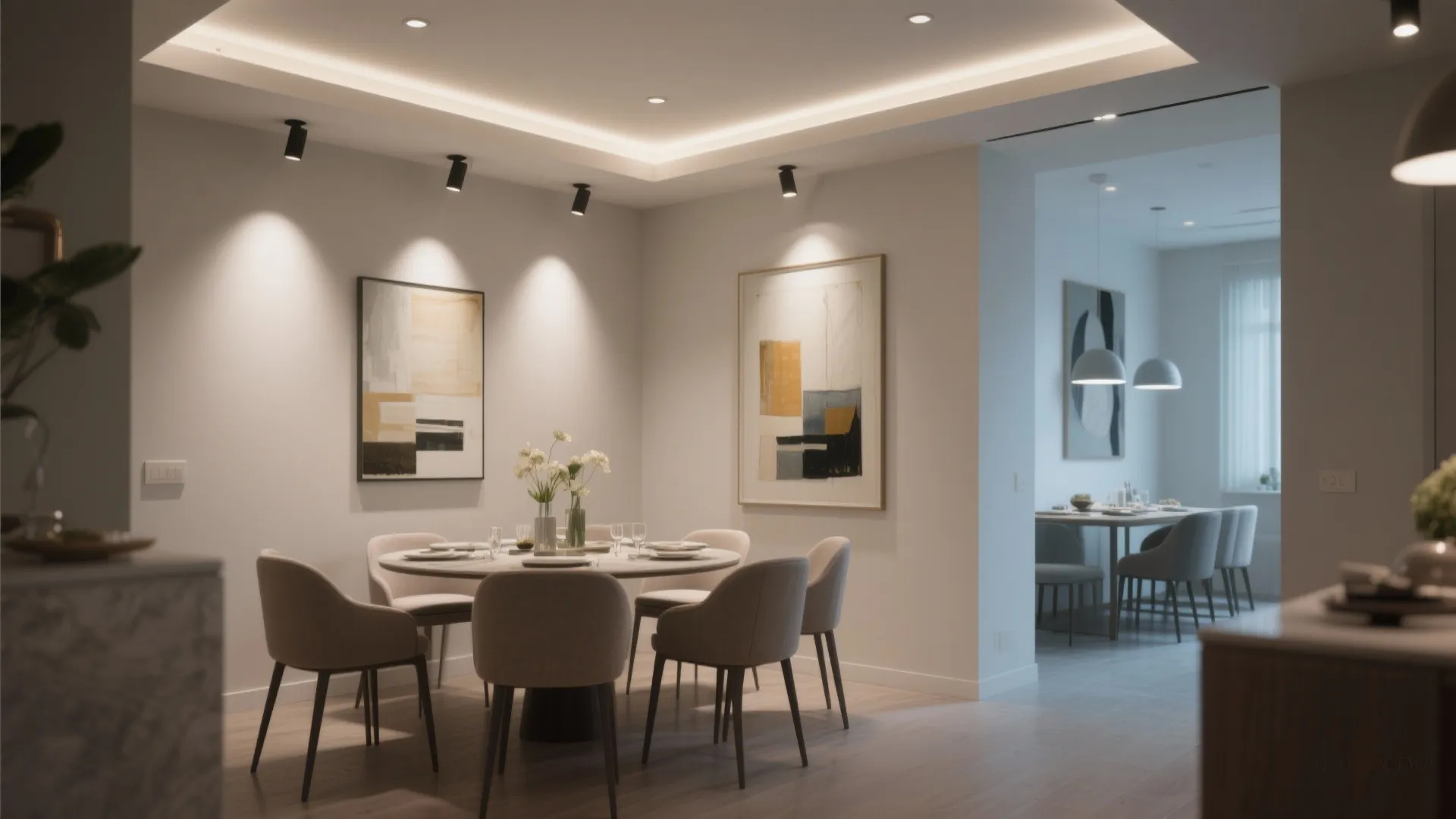 Dining area with recessed spotlights and art lighting on the wall