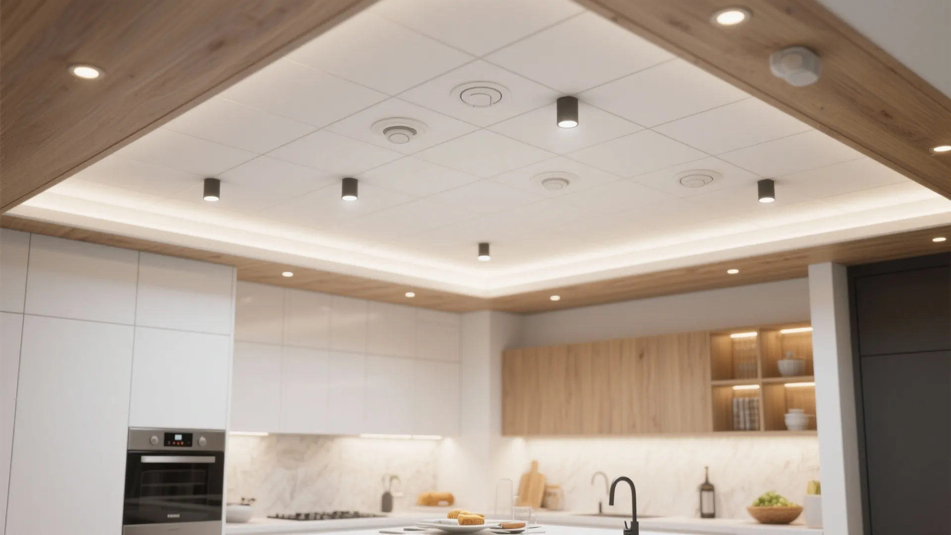 Modern white kitchen with wooden ceiling panels featuring several black and white small ceiling lights