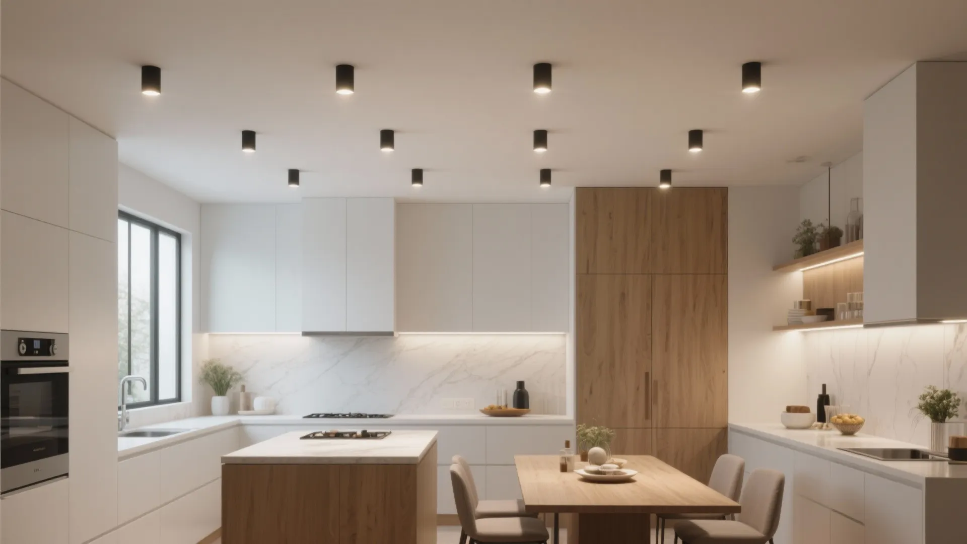 Modern white kitchen and dining area with wood cabinets and many black small ceiling lights