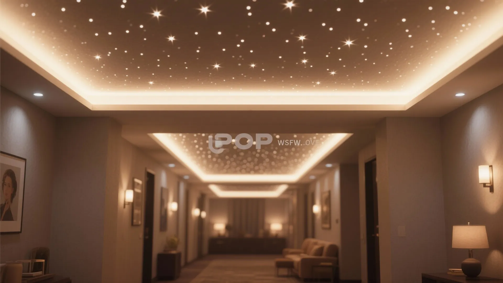 Interior design drawing of a long hallway featuring star pattern ceiling lights and warm lamps