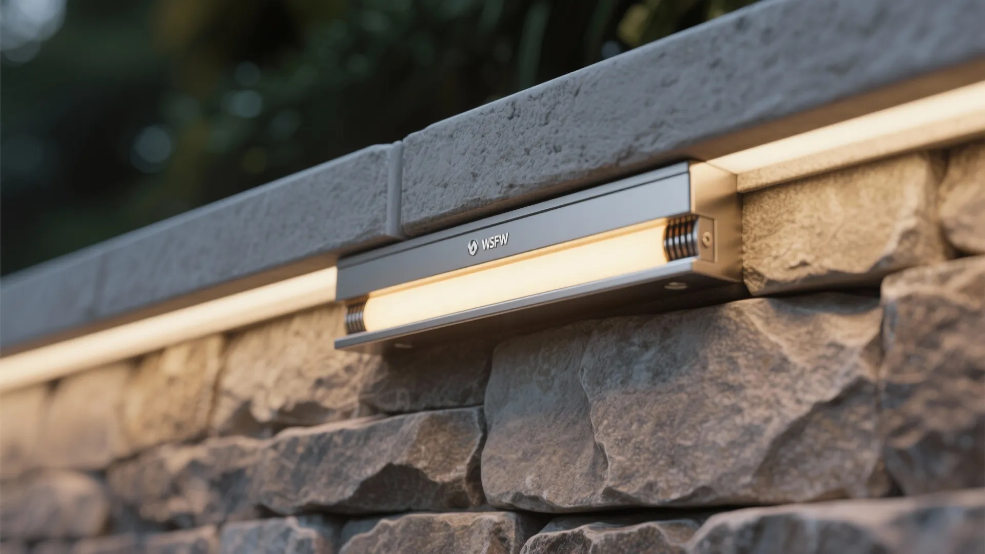 Modern warm light fixture installed on a stone wall providing functional outdoor lighting for garden paths