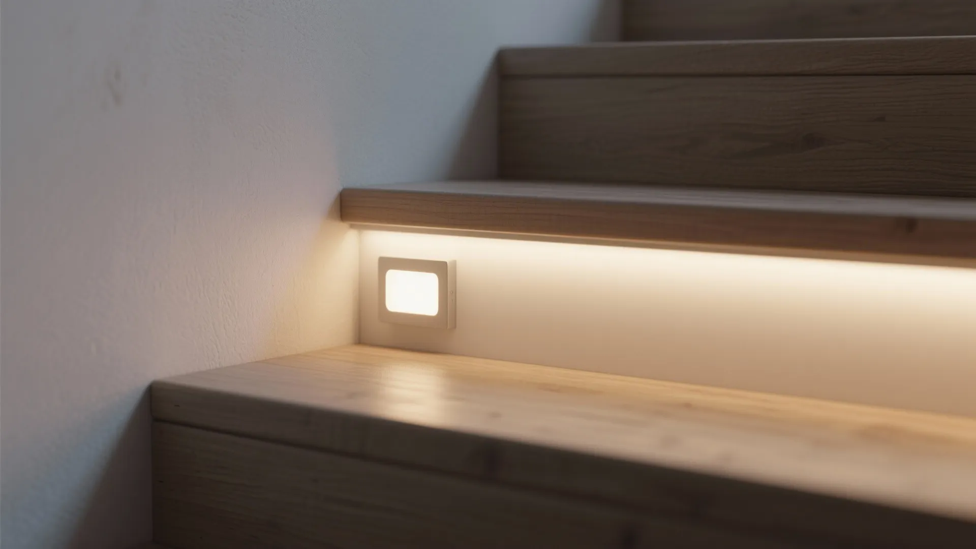 Close-up of a recessed step light casting a soft glow along a wooden stair tread