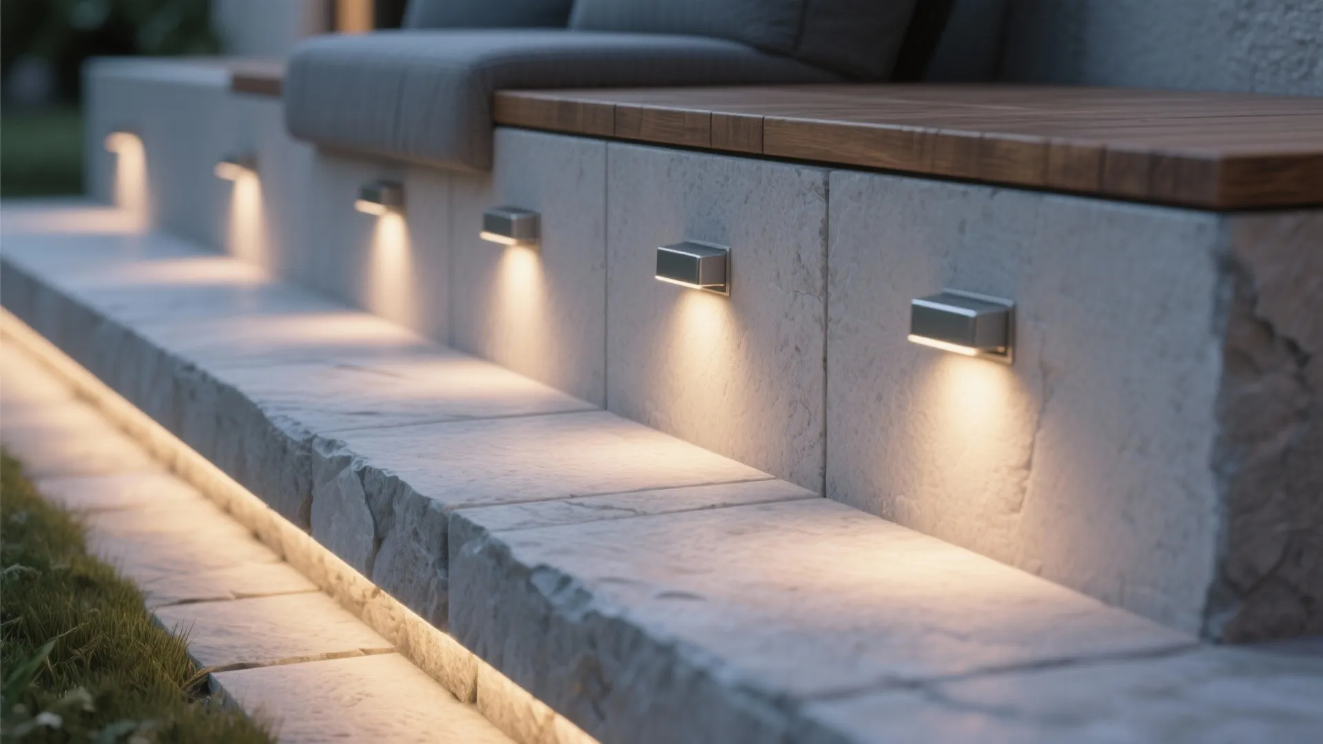 Modern stone stairs with small square wall lights and warm strip lighting under the bench