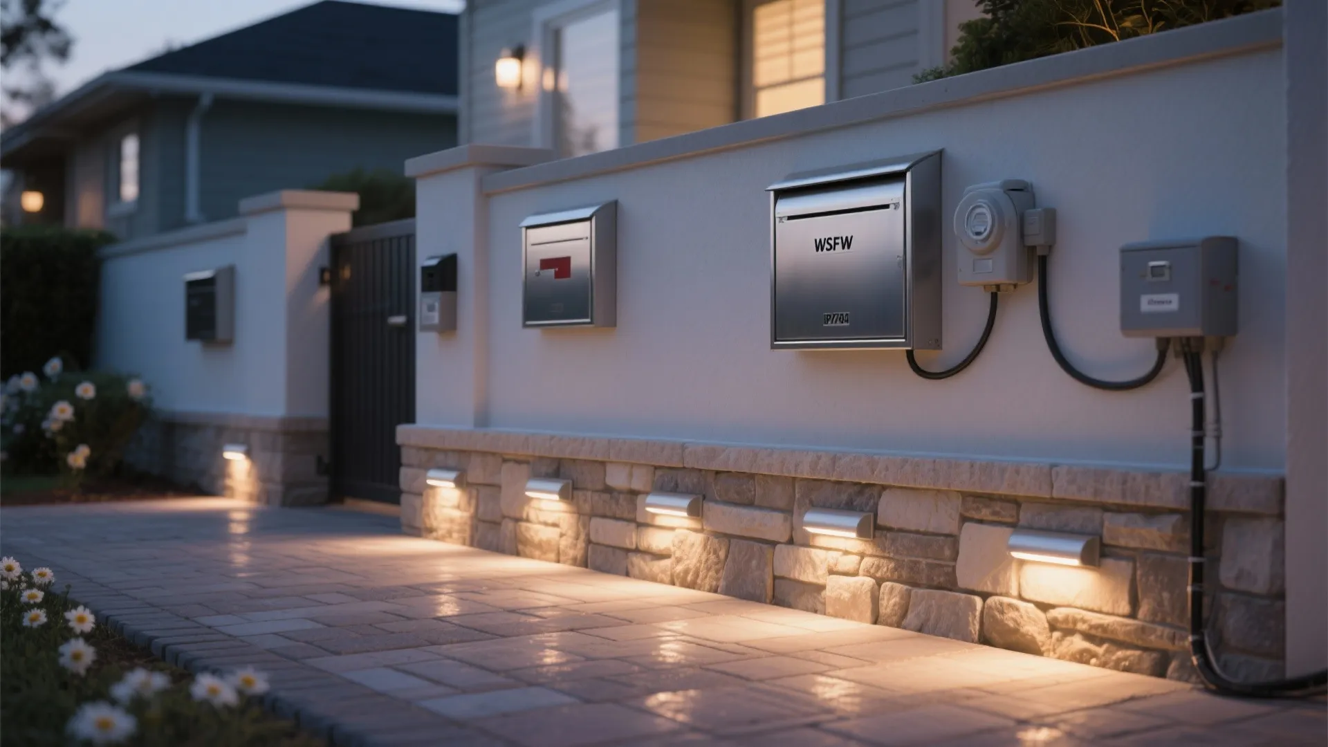 Recessed step lights along the base