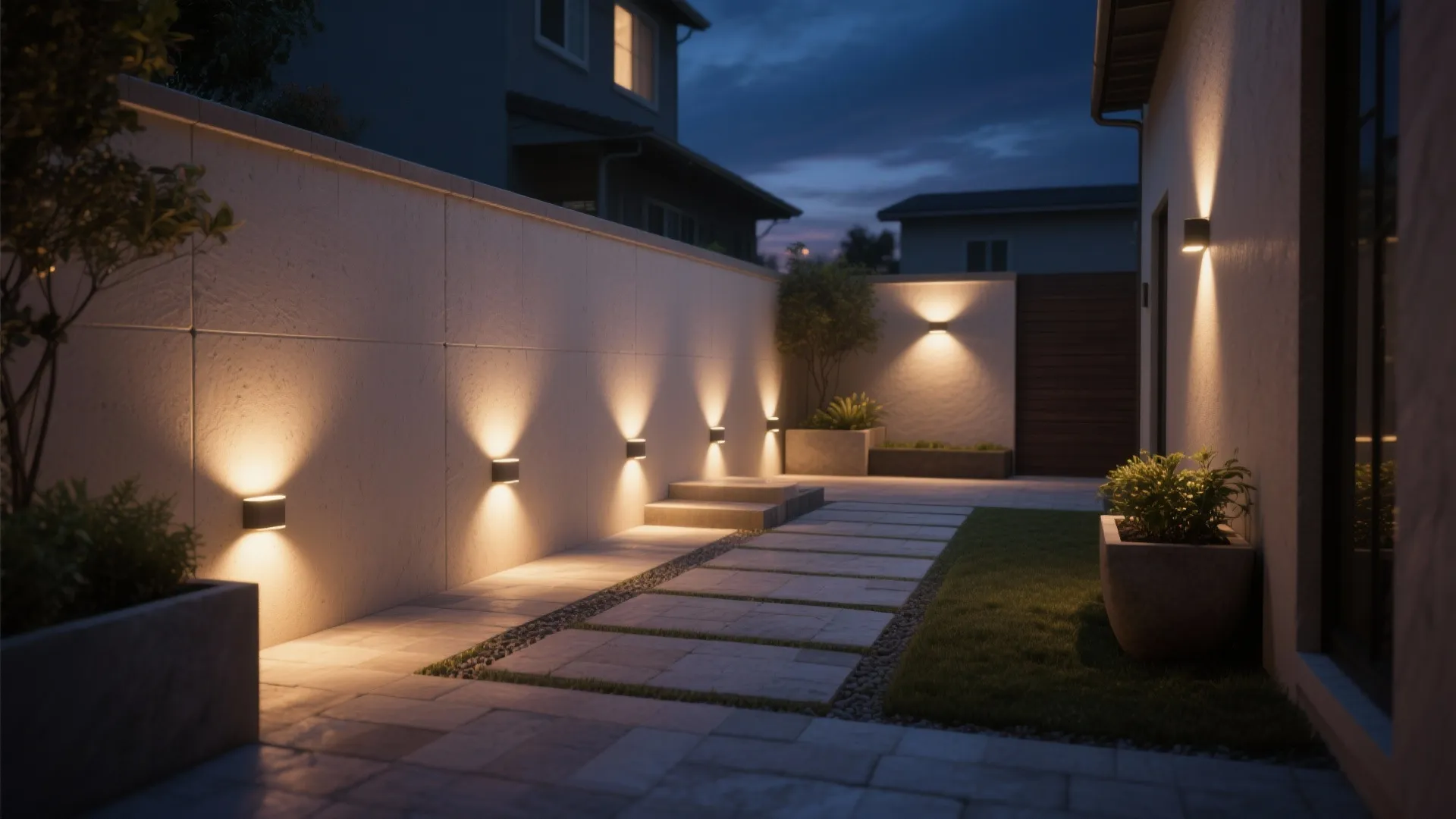 Modern backyard wall with small outdoor lights illuminating a stone walkway and garden at night