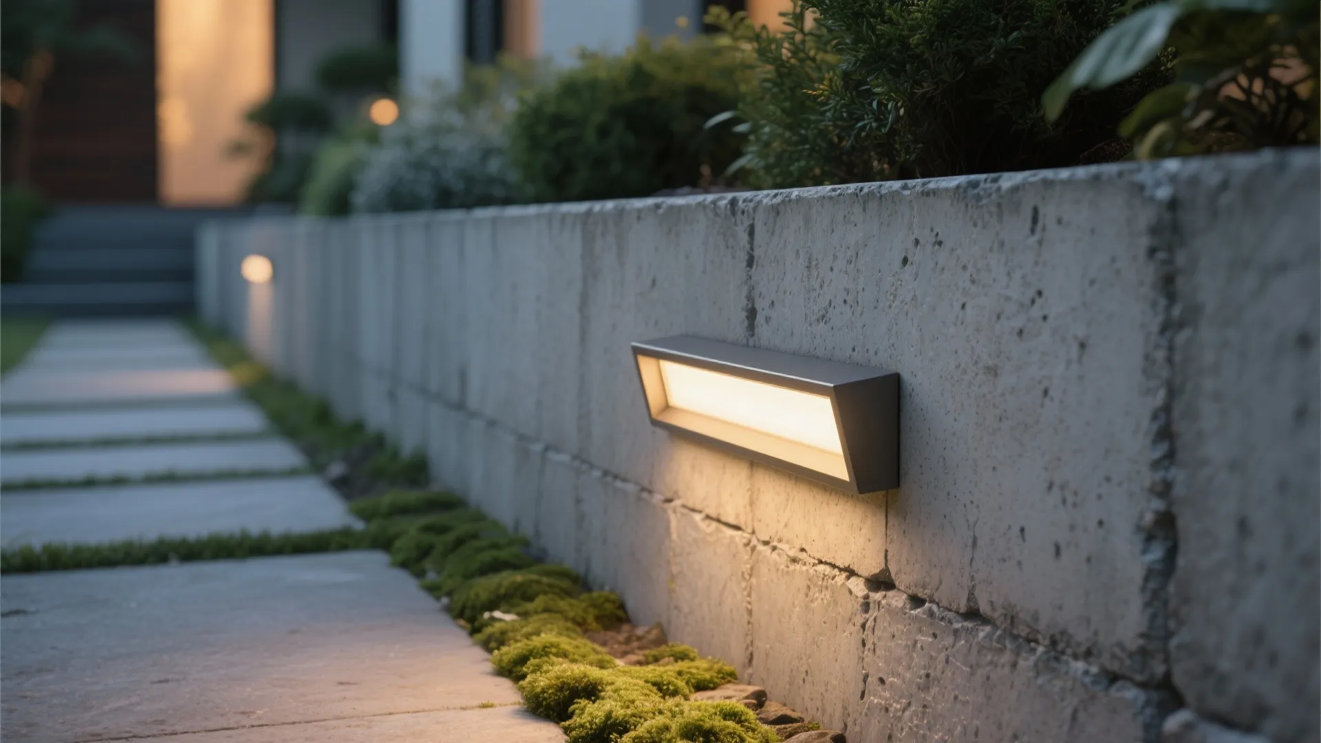 Close view of rectangular wall light installed on concrete garden wall along a stone walkway