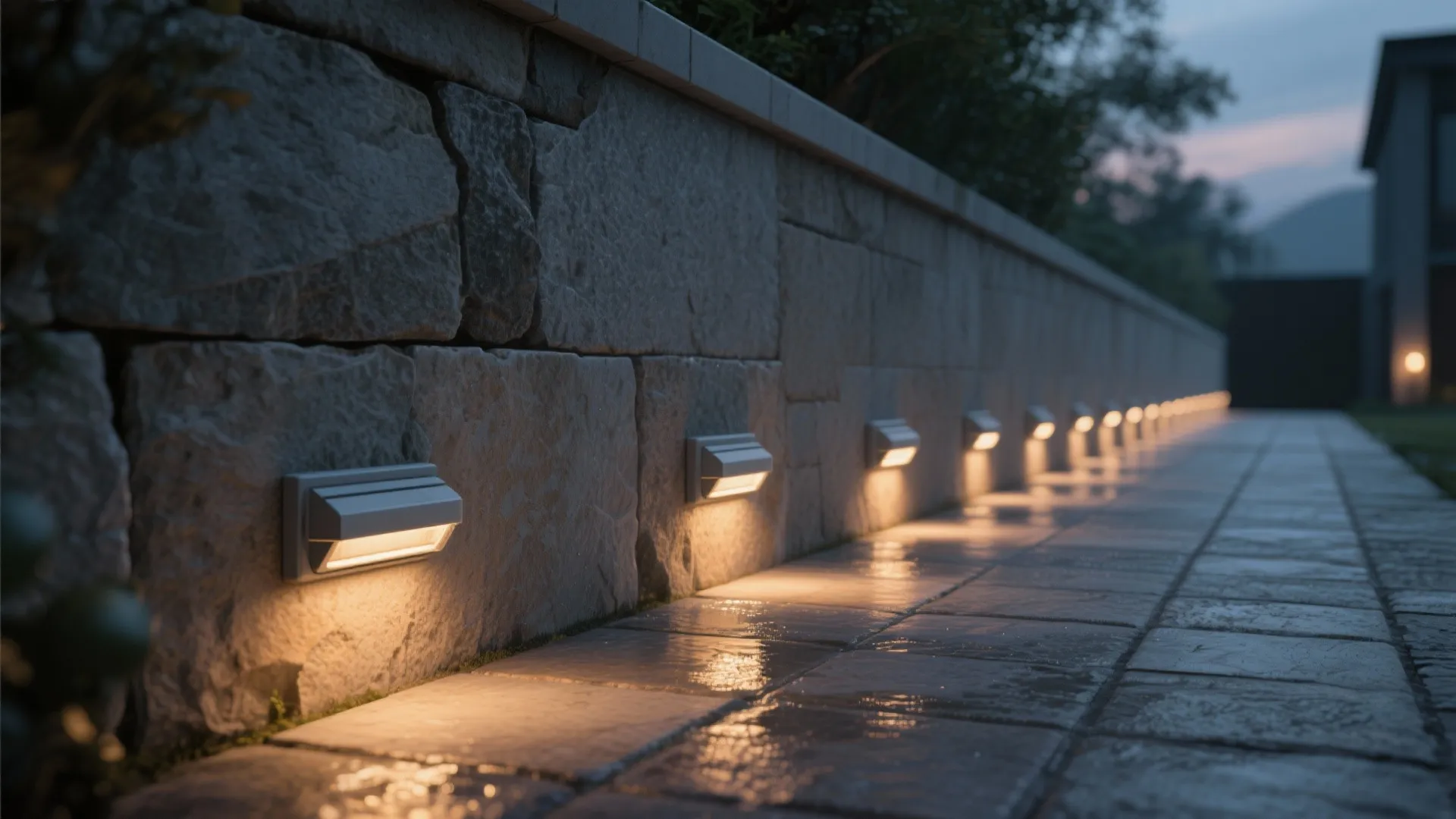 Row of small warm wall lights fixed on a stone wall along a stone path