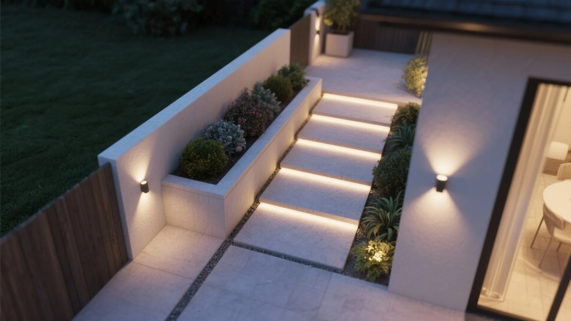 Modern outdoor garden stone steps with warm integrated LED light strips and white wall lights