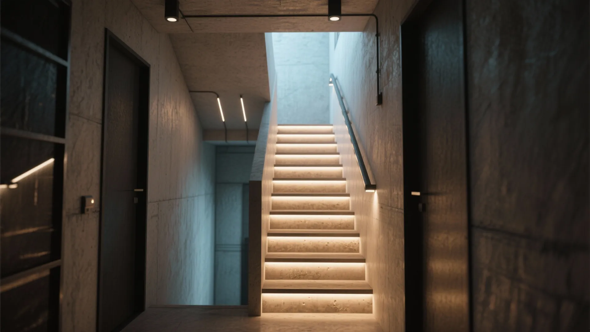 Modern concrete stairs with warm step lights leading up to a bright hallway and doors