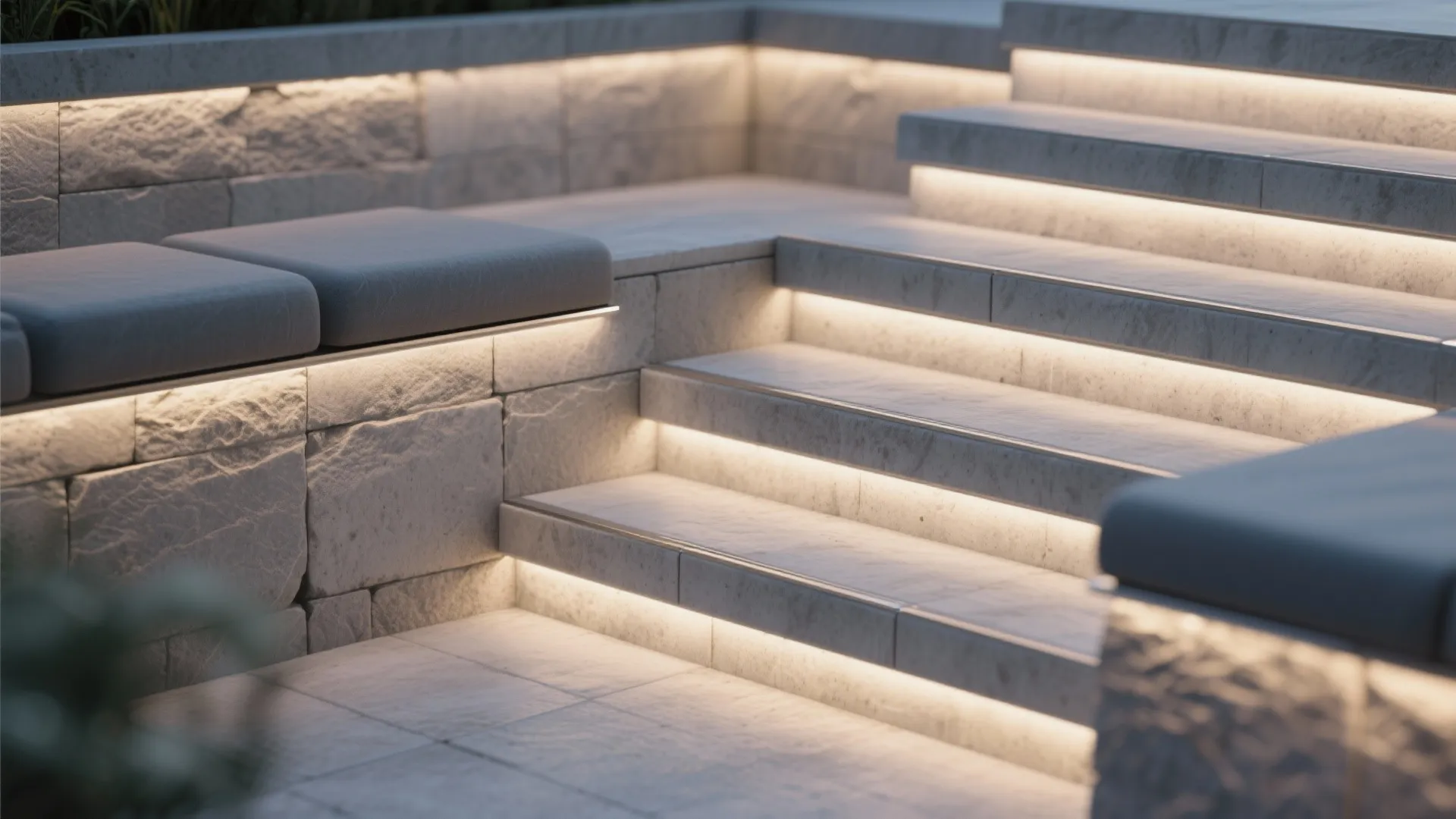 Modern stone stairs with warm light strips under each step and grey outdoor seating cushions