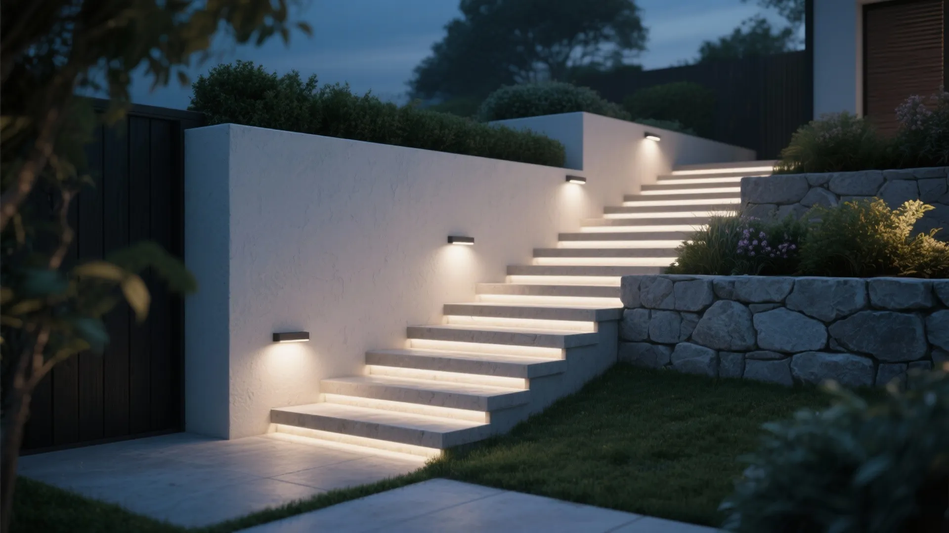 Outdoor stone stairs with white wall lights and integrated step lighting in a garden landscape