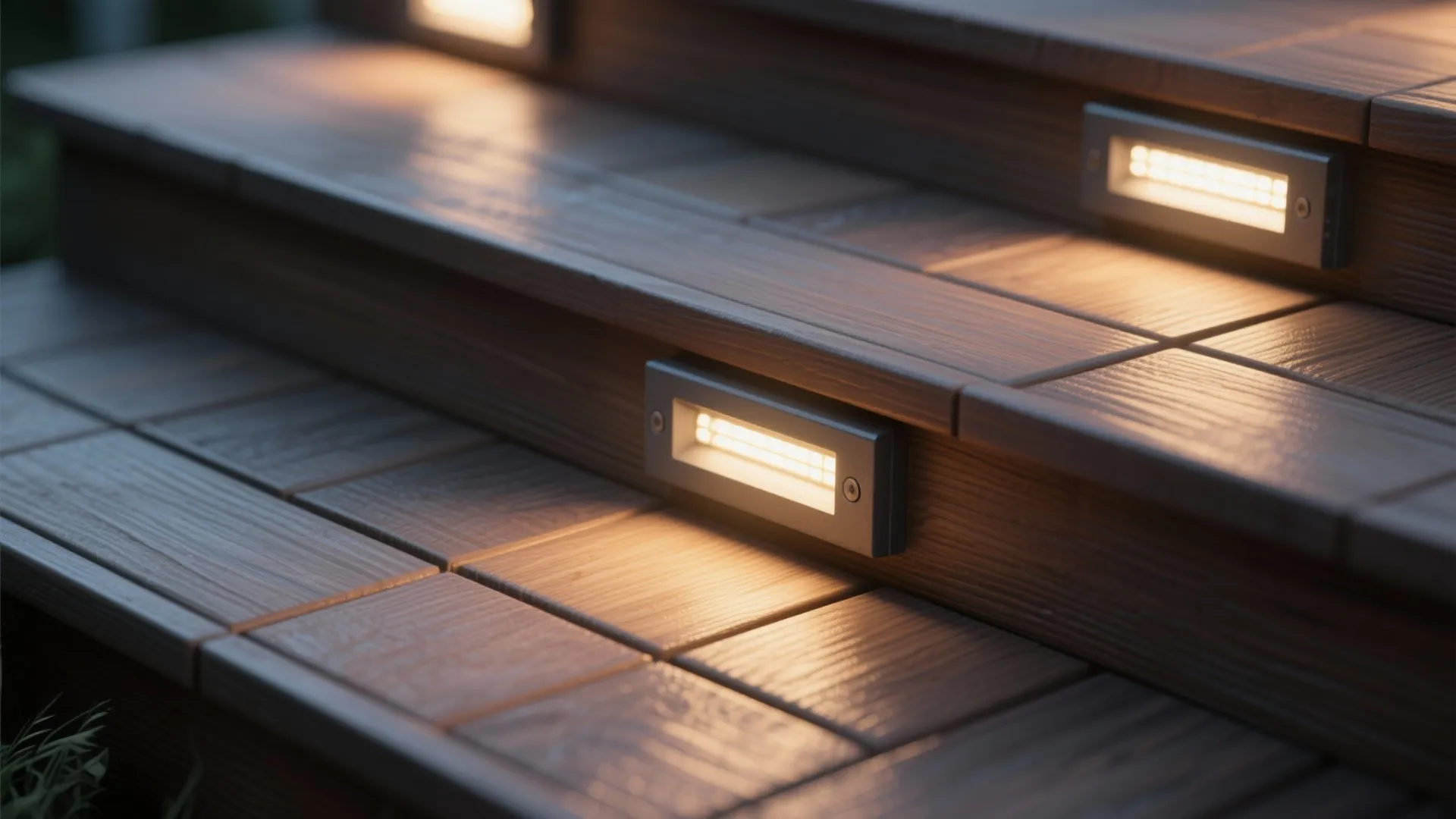 Modern outdoor wooden stairs featuring rectangular light fixtures built into the side of each step