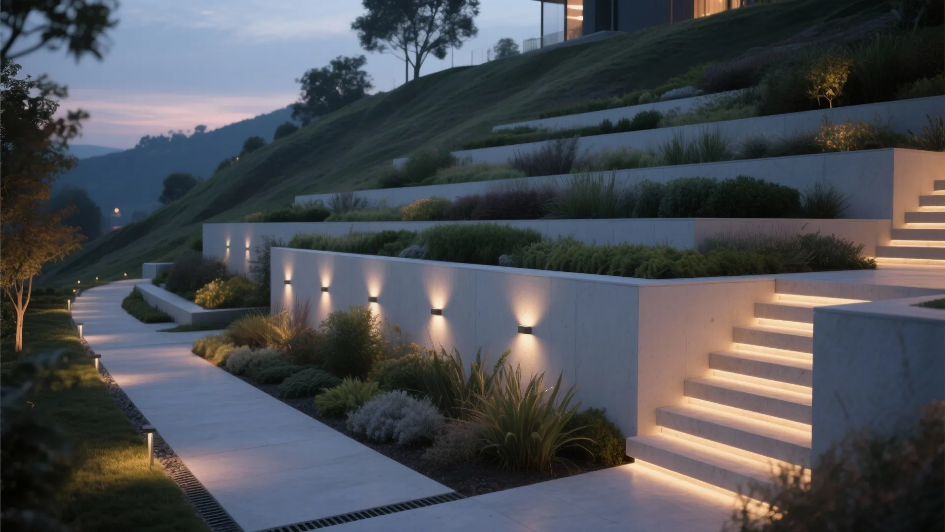 Hillside retaining wall with recessed step lights illuminating stairs and pathway edges at dusk.