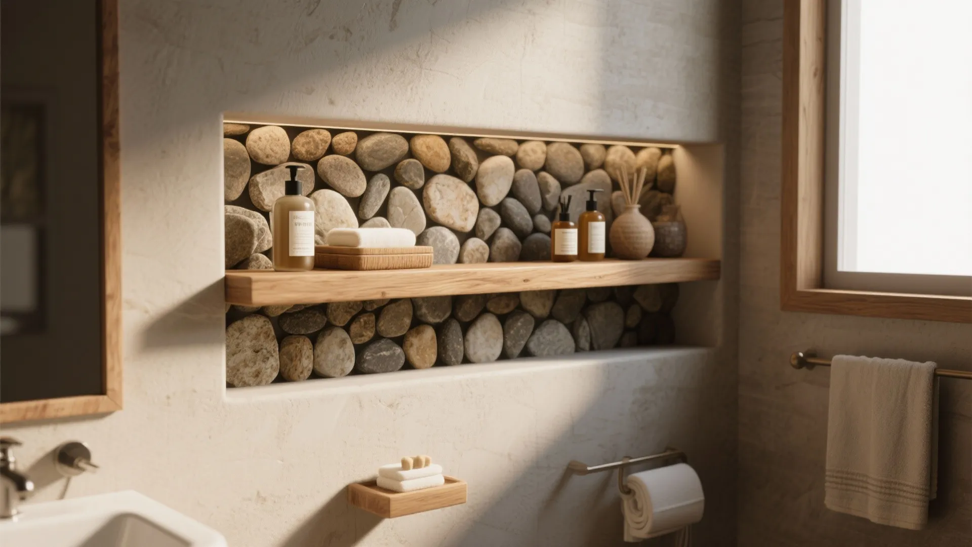 Modern bathroom recessed wall shelf with smooth river stones wood board and warm light bottles