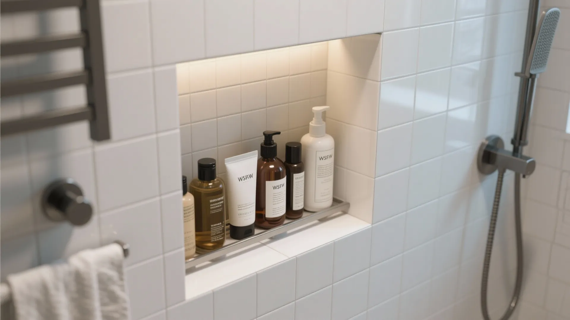 Modern white tiled shower wall featuring built in shelf with various bathroom soap and shampoo bottles