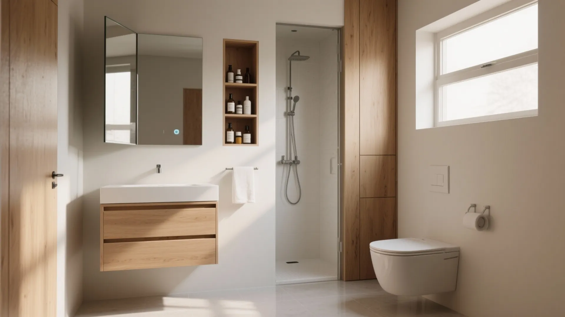 Modern bathroom featuring wooden cabinet sink mirror shower area white walls toilet and window light
