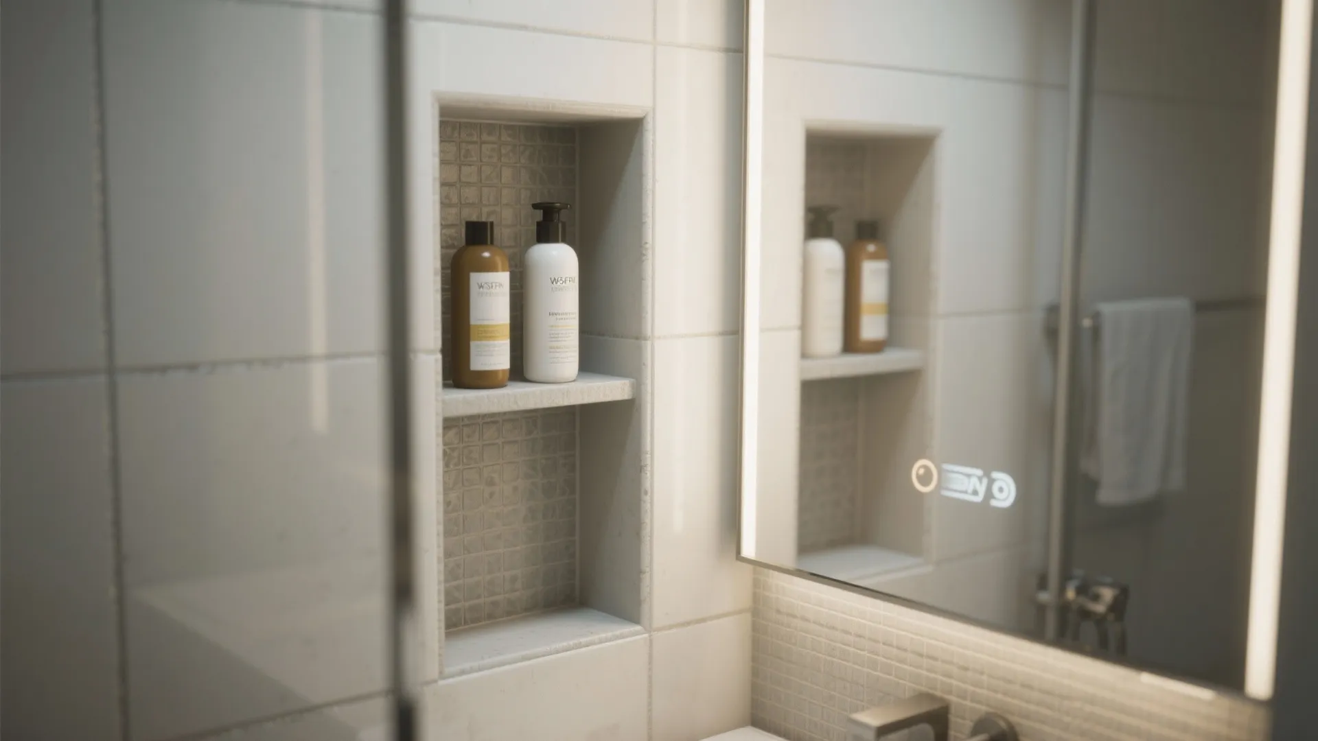 Built-in wall shelf with bottles next to a lighted mirror in a clean modern bathroom