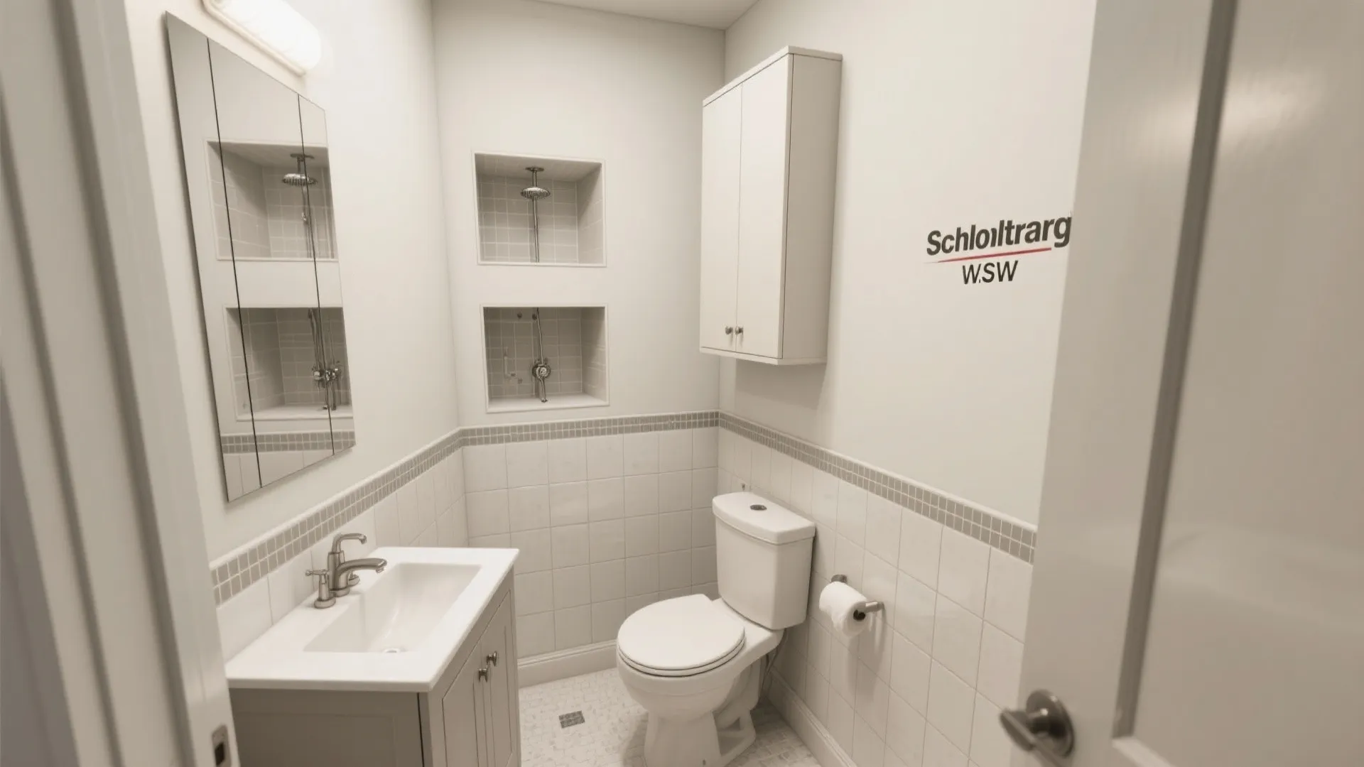 Small white bathroom interior with toilet sink cabinet wall light and built in wall shelves