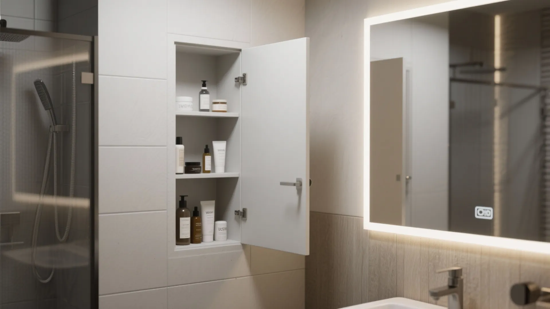 Recessed shower niche and slim recessed mirrored cabinet in a small bathroom