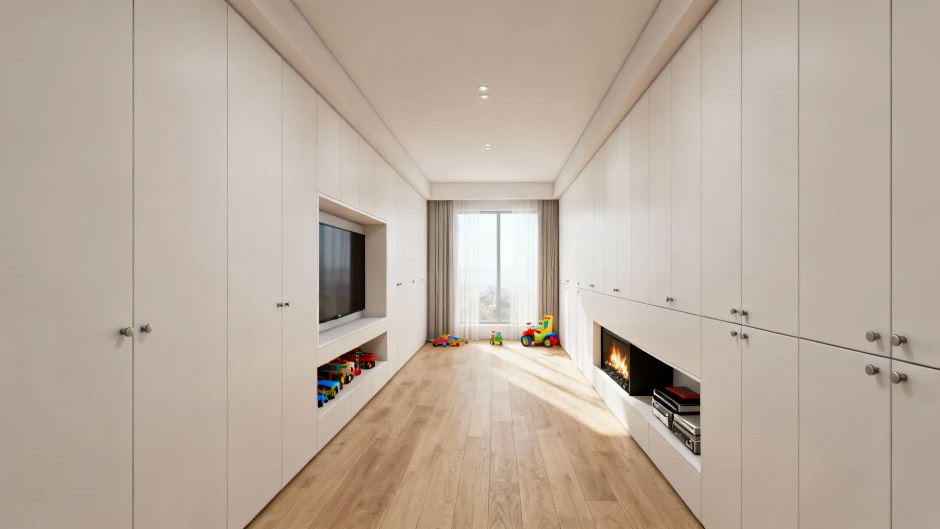 White wall cabinets along narrow room with built in television fireplace and light wood floor