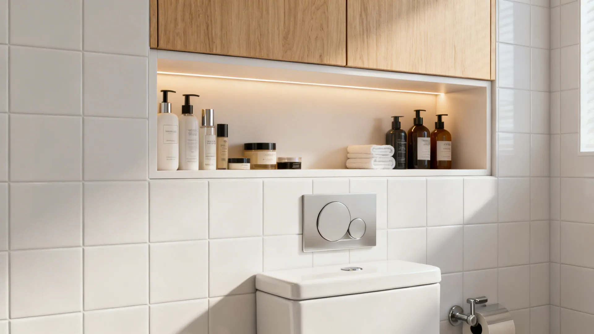 Shallow recessed medicine niche and built-in cabinet above toilet with wood accents.
