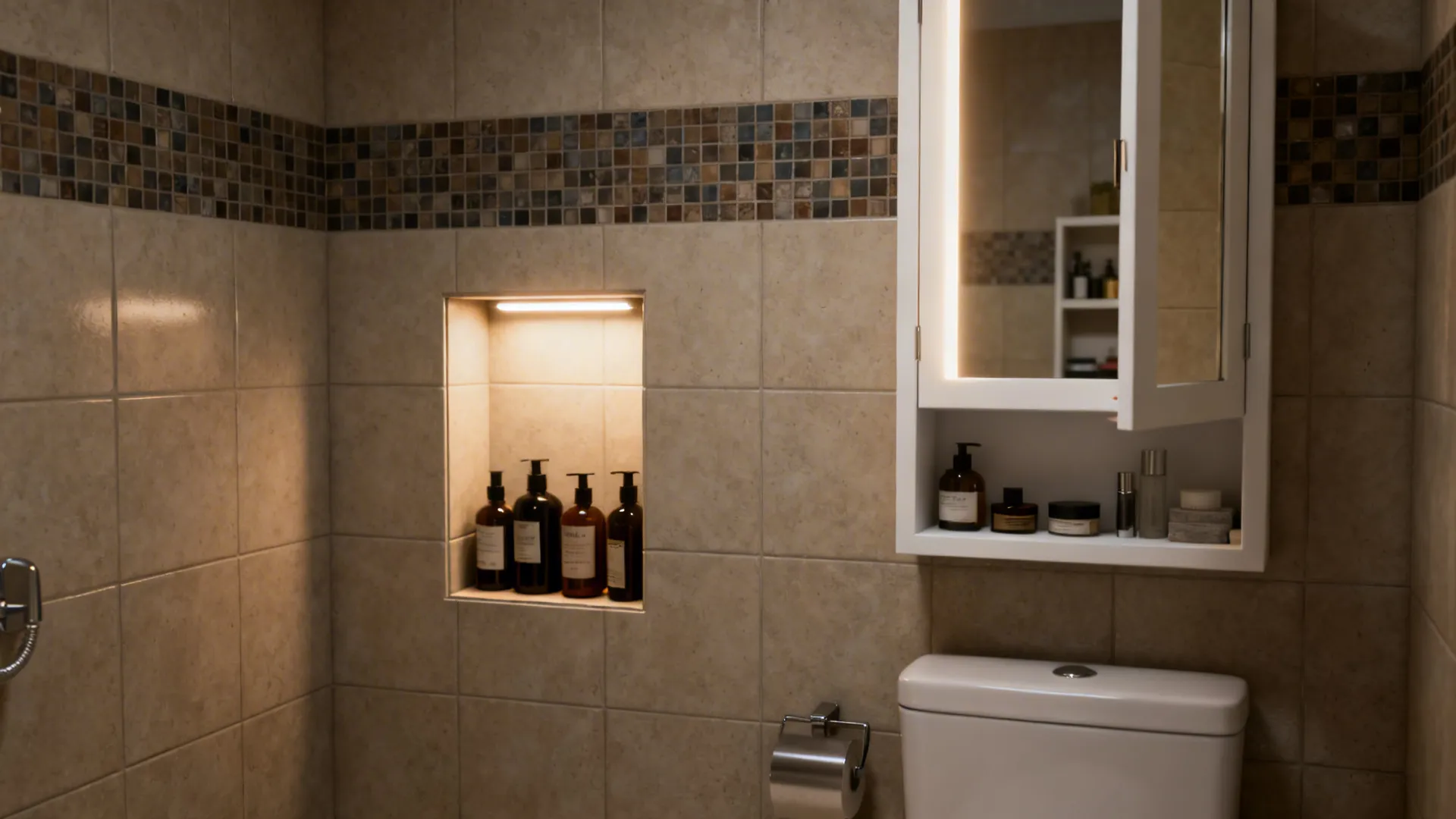 Recessed shower niche and slim recessed cabinet providing storage without protrusion