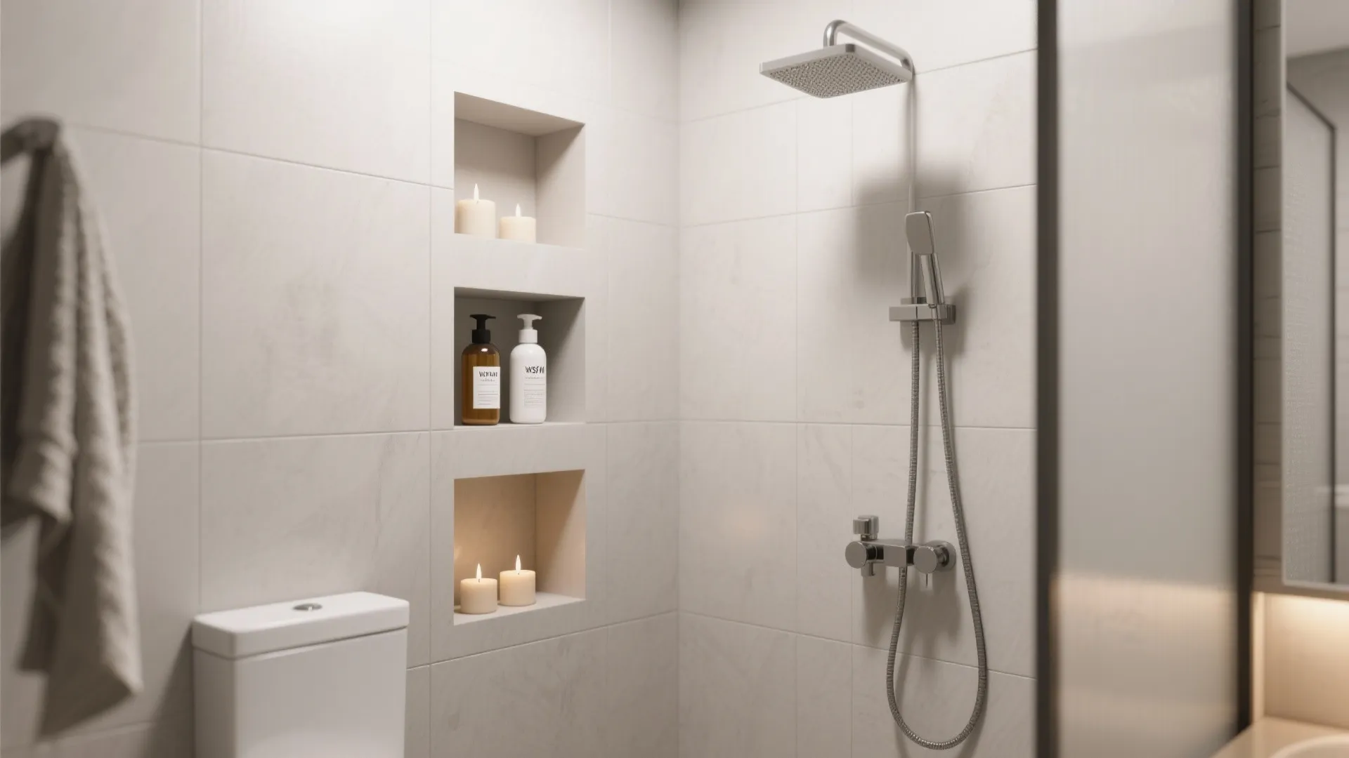 Bathroom interior design featuring white wall tiles recessed storage shelves with candles soap and shower head