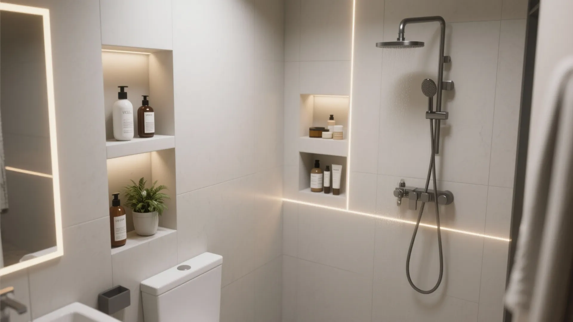 Modern bathroom with built in wall shelves for soaps next to shower and white toilet
