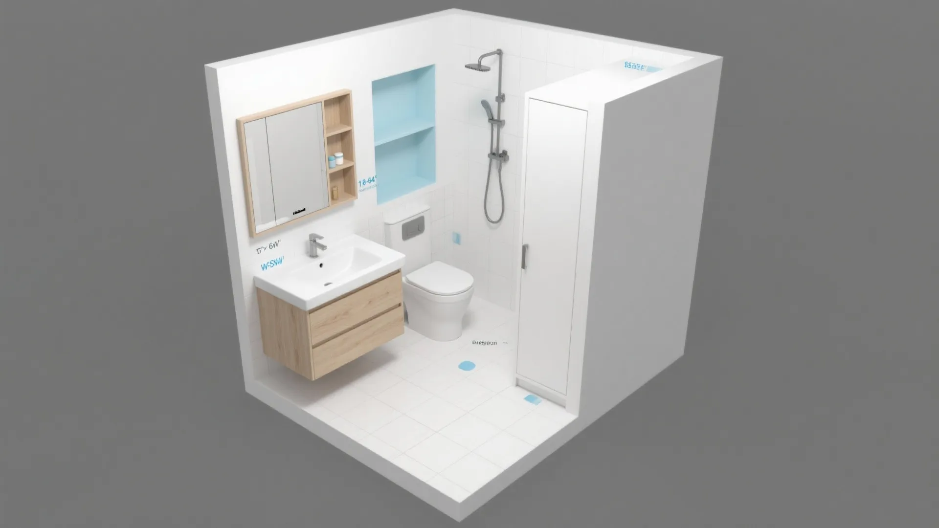 Modern bathroom interior design drawing with wooden sink cabinet white toilet and blue wall shelves