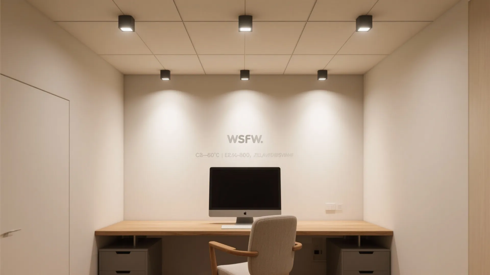 Minimalist study room with wooden desk computer and six small ceiling lights on the ceiling