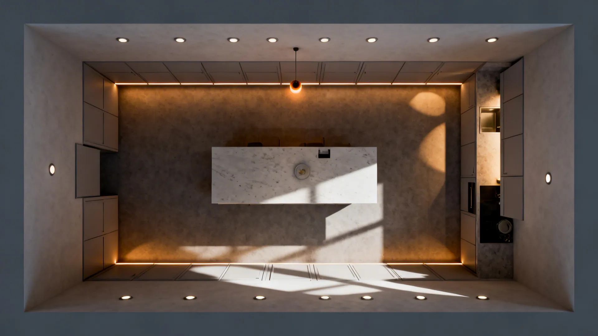 Top-down view of a small kitchen lighting layout showing recessed ambient lights plus under-cabinet and pendant task lighting