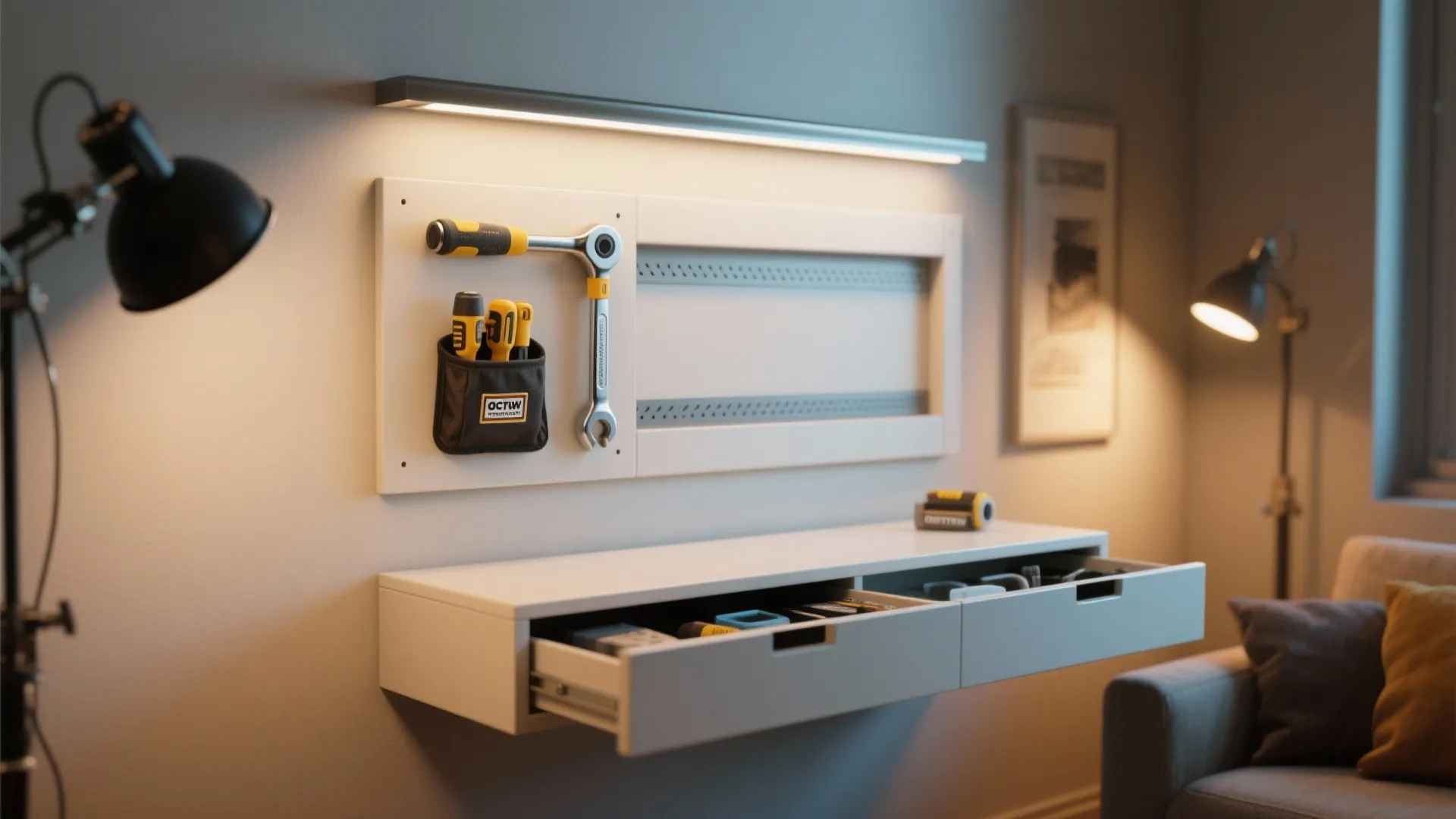 Wall mounted white tool organizer with drawers wrench and light fixture in a modern room