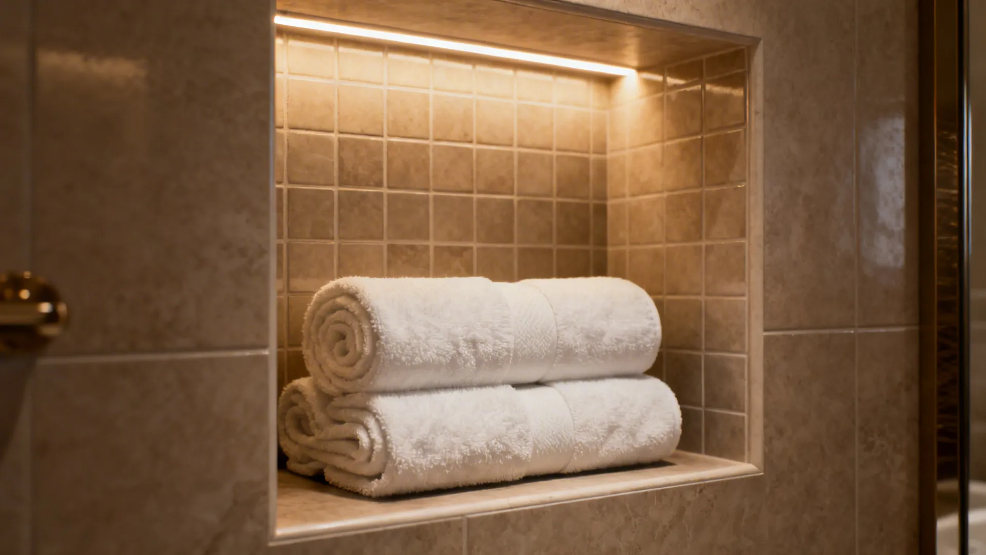 Built-in recessed niche with rolled towels and LED accent lighting