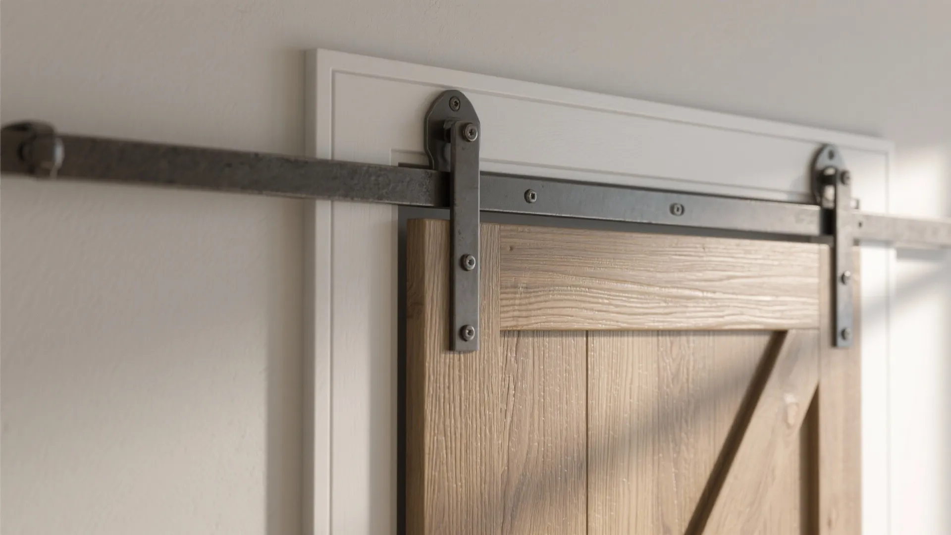 Close up of a wooden sliding door with black metal track and white wall frame