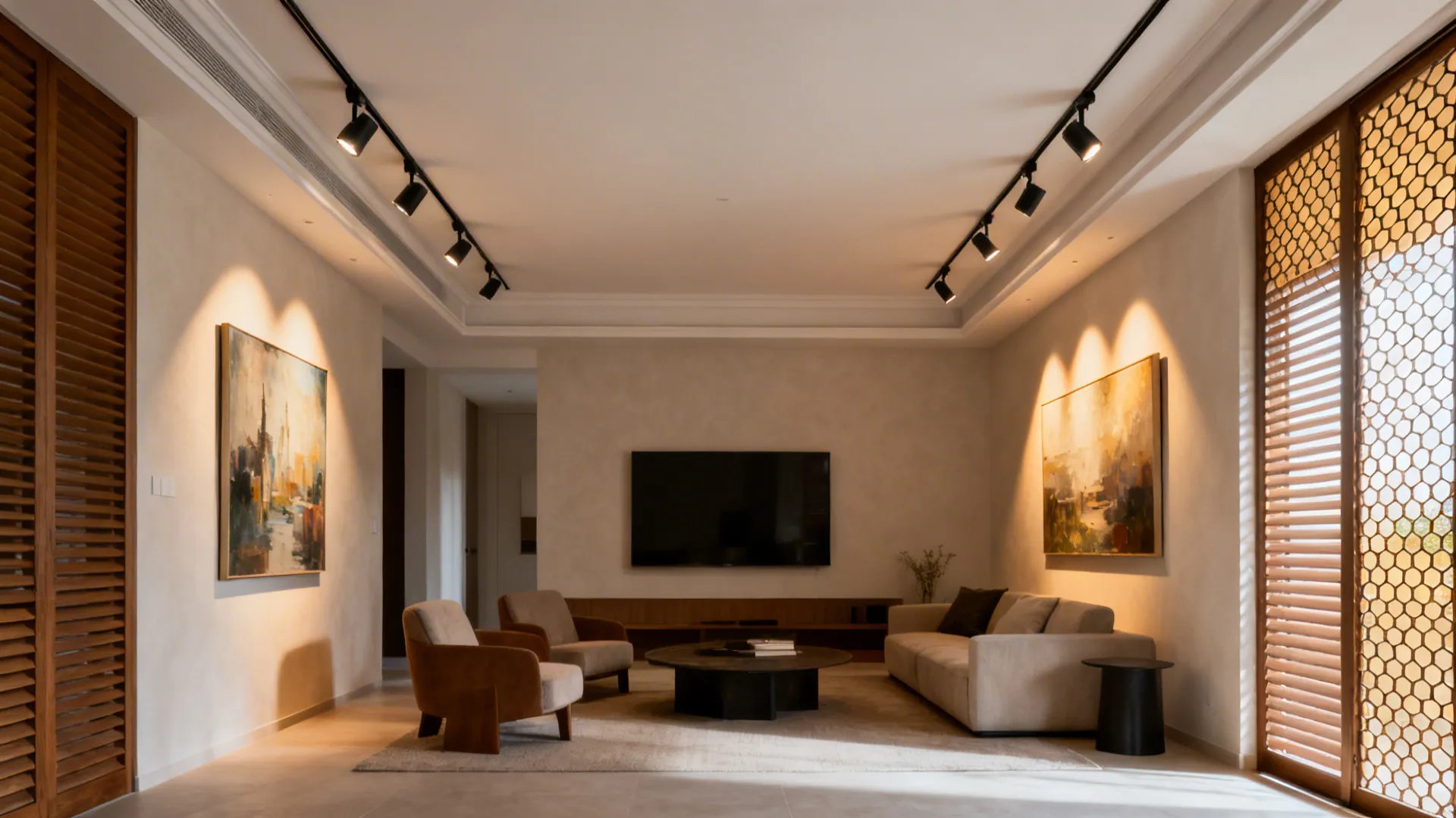 Small living room with recessed ceiling track lighting grazing walls and spotlighting art.
