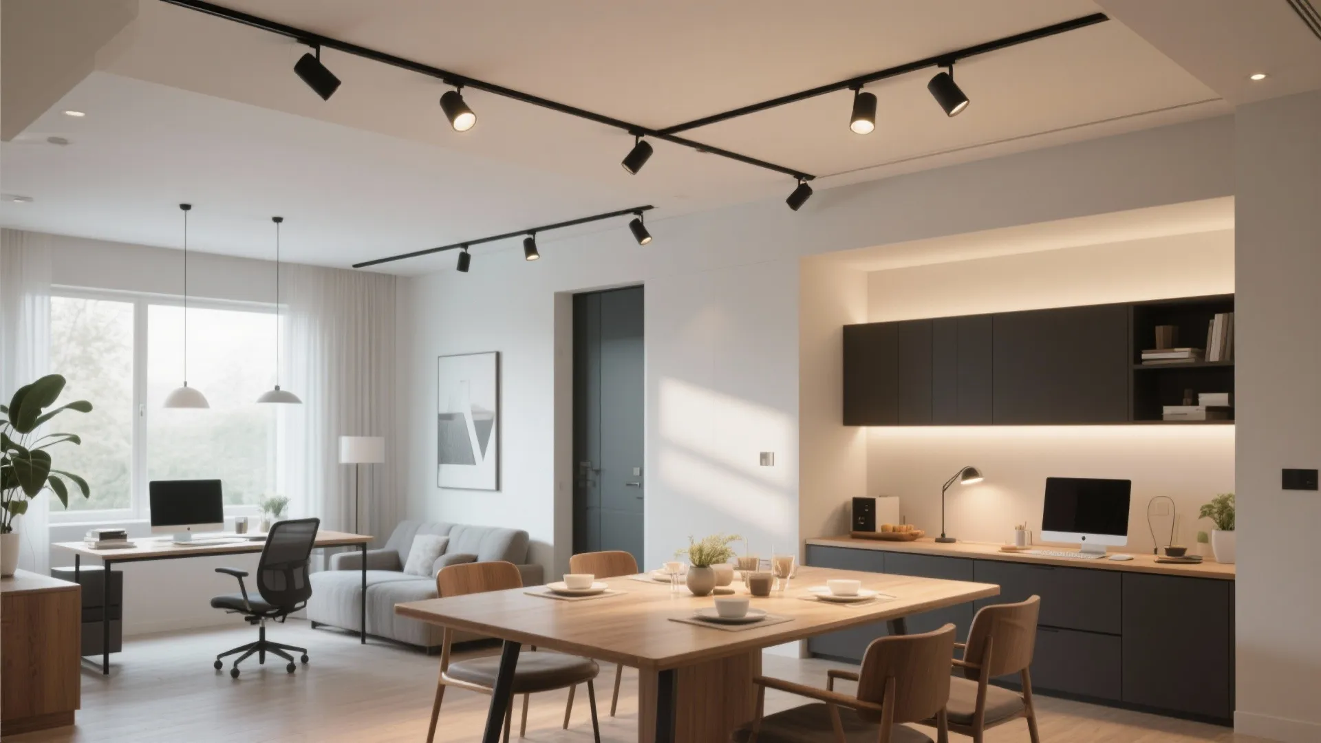 Multi-use dining and workspace with recessed track heads adjustable for task and dining lighting.