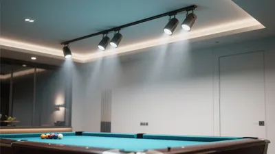 Modern Entertainment Room with Pool Table & Dramatic Lighting