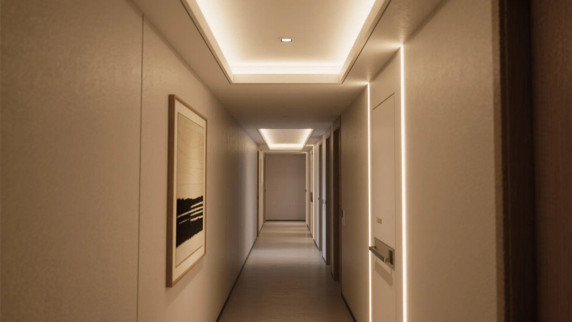 1) Minimalist recessed trays with soft cove lighting