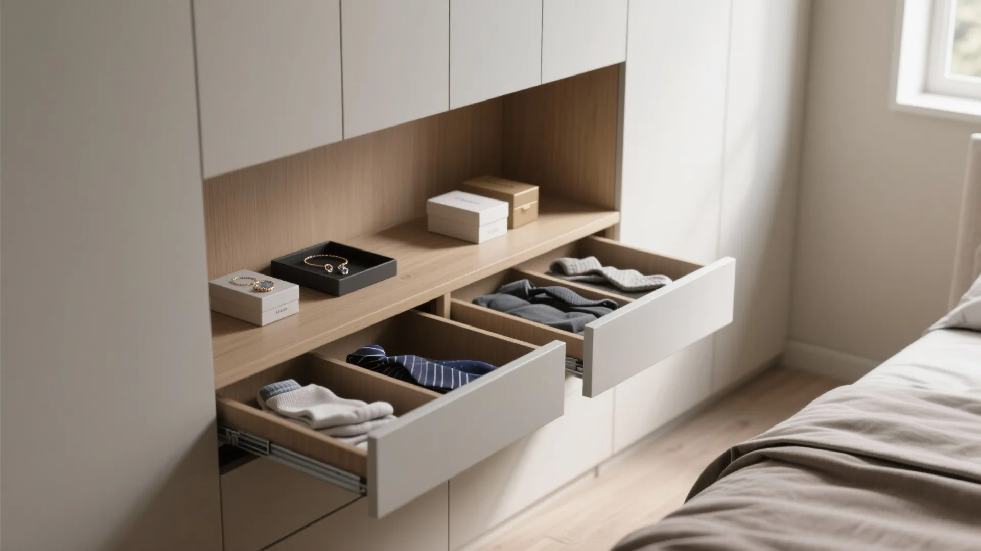 3. Recessed shallow shelving with pull-out trays