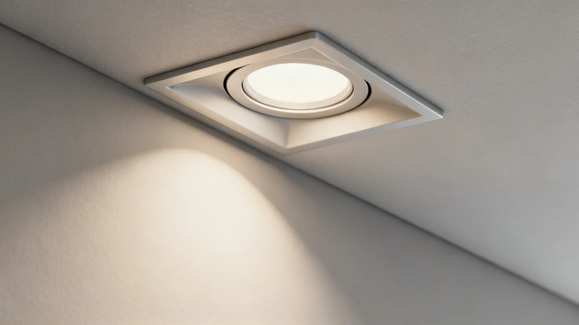 Macro of a recessed downlight with regressed baffle trim casting a soft controlled beam.